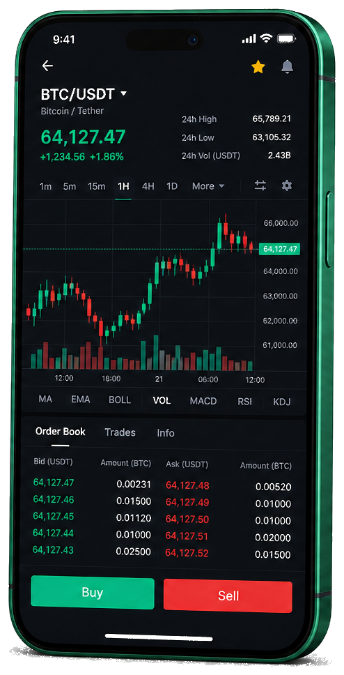 Platformă mobilă de tranzacționare Valoroluckx — cotații BTC/USDT live, registru de ordine și funcții de execuție